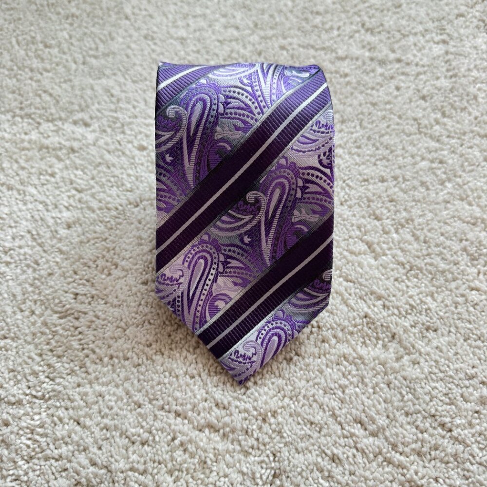 Stacy Adams Paisley Purple stripe tie 3.5 x 58‎ Microfiber hand made Purple